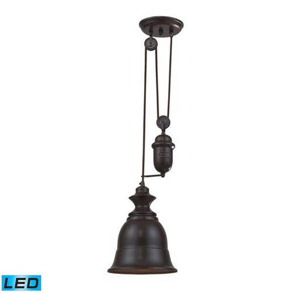 Farmhouse Oiled Bronze Pulley Adjustable Height LED One Light Mini Pendant, image 1