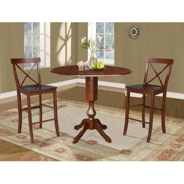 Espresso Round Pedestal Bar Height Dining Table with Stools, 3-Piece, image 3