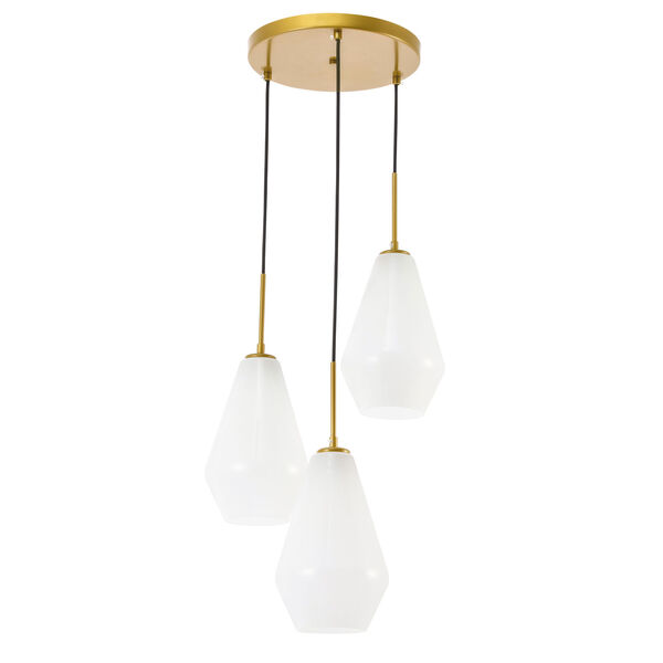 Gene Brass Three-Light Pendant with Frosted White Glass, image 3