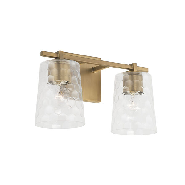 Burke Aged Brass Two-Light Bath Vanity with Clear Honeycomb Glass Shades, image 1