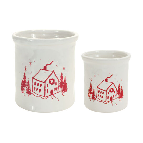 White Clay Crock with House Holiday Tabletop Decor, Set of Four, image 1