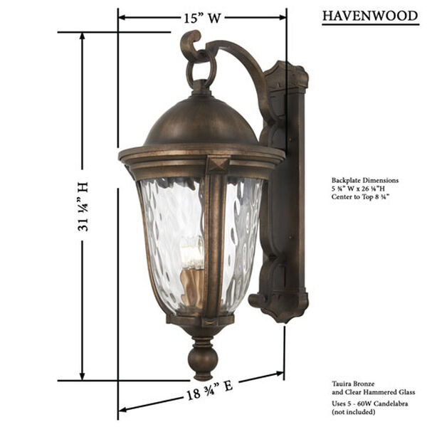 Havenwood Tavira Bronze and Alder Silver Five-Light Outdoor Wall Mount, image 3