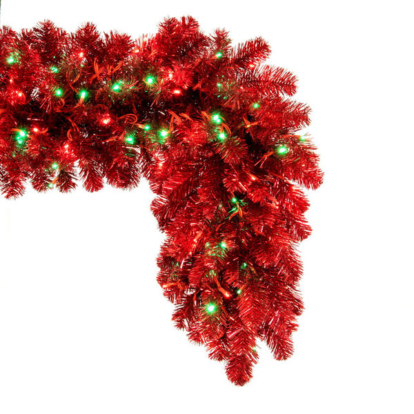 Red 9 Ft. x 18 In. Artificial Deluxe Tinsel Christmas Garland with Red and Green Wide Angle Mini Lights, image 2
