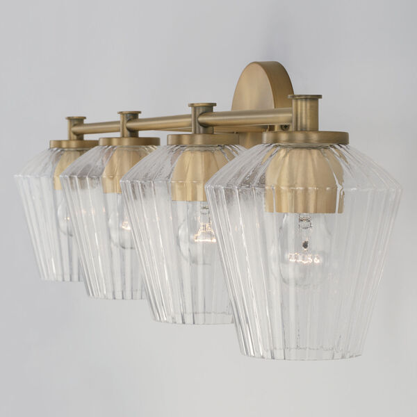 Beau Aged Brass Four-Light Bath Vanity with Clear Fluted Glass Shades, image 4