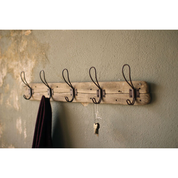 Brown Recycled Wood Coat Rack with Rustic Hooks, image 1