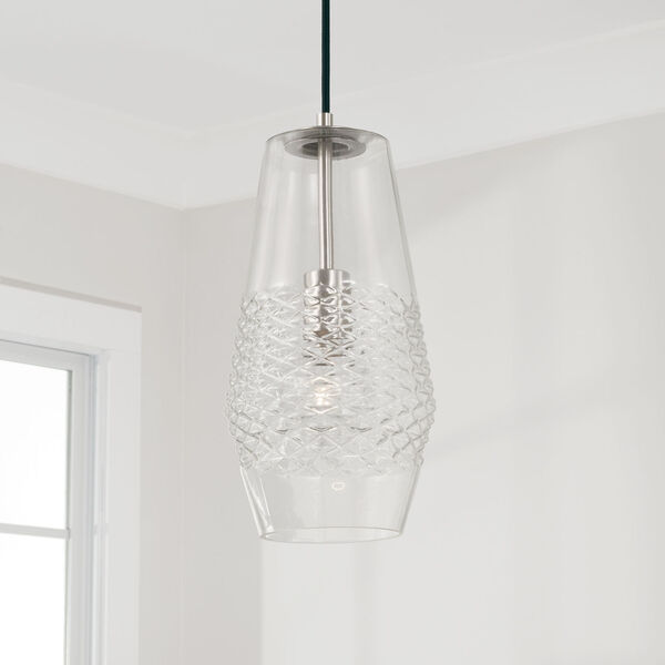 Dena Brushed Nickel One-Light Pendant with Diamond Embossed Glass and Black Braided Cord, image 4
