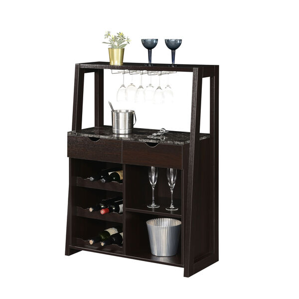 Uptown Faux Black Marble and Espresso Wine Bar with Cabinet, image 3