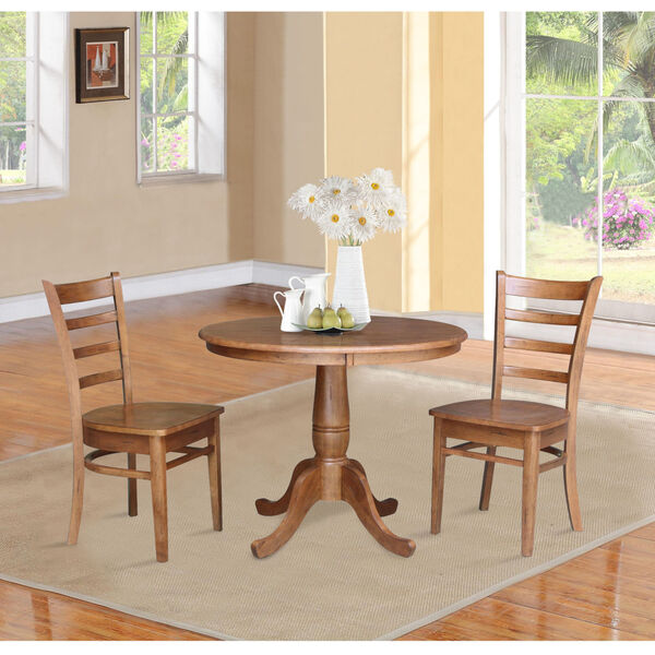 Emily Distressed Oak 36-Inch Round Top Pedestal Table with Two Chair, Set of Three, image 1