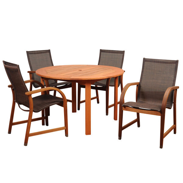 Amazonia Bahamas 5 Piece Ecualyptus Round Dining Set with Brown Sling Chair, image 1