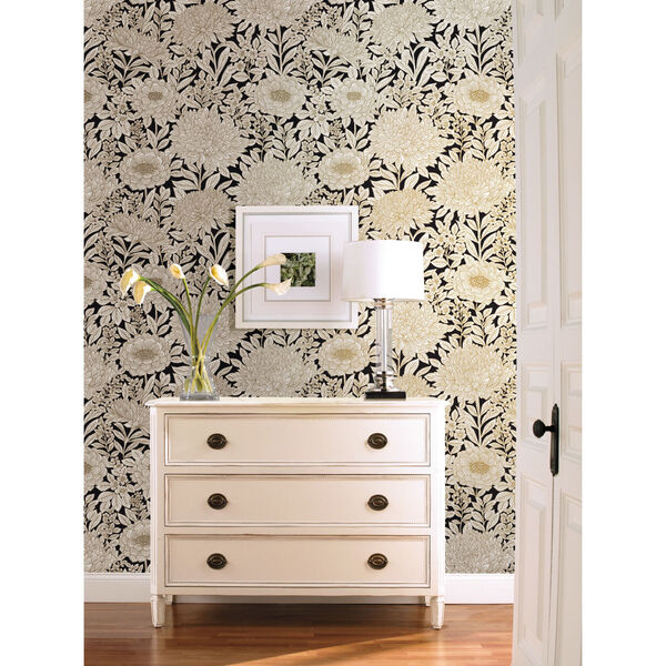 Black and Gold 27 In. x 27 Ft. Wood Block Blooms Wallpaper, image 1