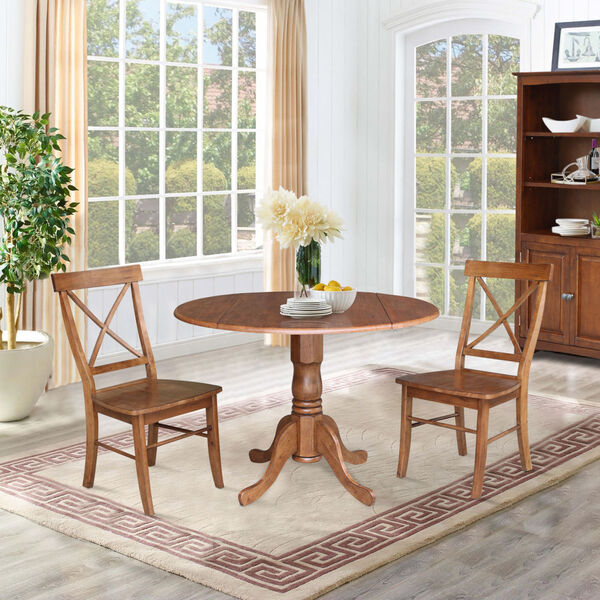 Distressed Oak 42-Inch Dual Drop Leaf Pedestal Table with Two X-Back Side Chair, image 6