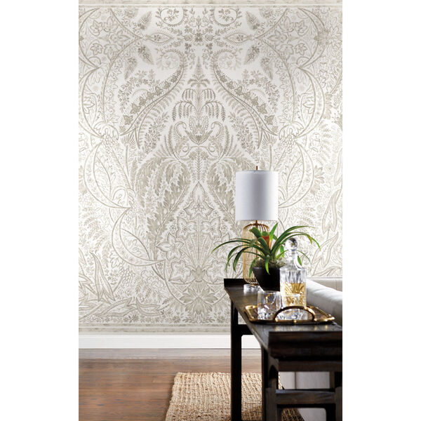 Damask Resource Library Beige and White 108 In. x 134 In. Jaipur Paisley Wallpaper Mural, image 2
