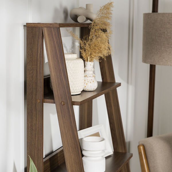 Walnut Wooden Ladder Bookcase with Four Shelves, image 3
