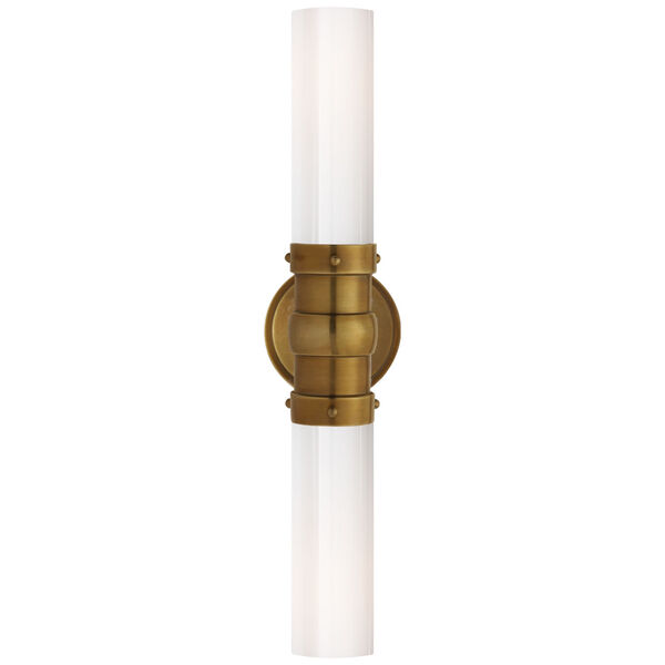 Graydon Double Bath Light in Hand-Rubbed Antique Brass with White Glass by Thomas O'Brien, image 1