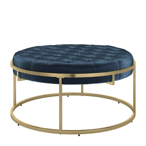 Minnie Blue and Gold Finish Velvet Button Tufted Round Ottoman, image 1