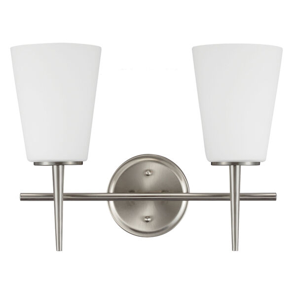 Driscoll Brushed Nickel Two Light Bathroom Vanity Fixture with Etched Glass Painted White Inside, image 1