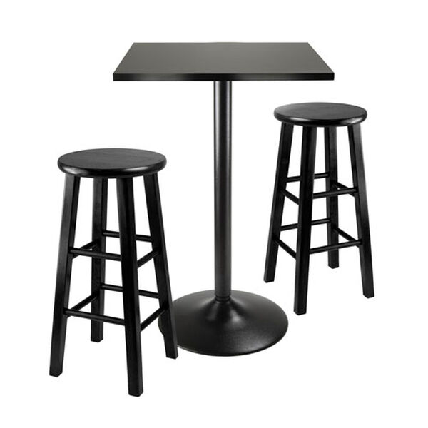 Obsidian Counter Height Dining Set, Black Squar Table Top and Black Metal Legs with Two Wood Stools, Three Piece, image 1