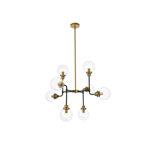 Hanson Black and Brass and Clear Shade Eight-Light Pendant, image 1