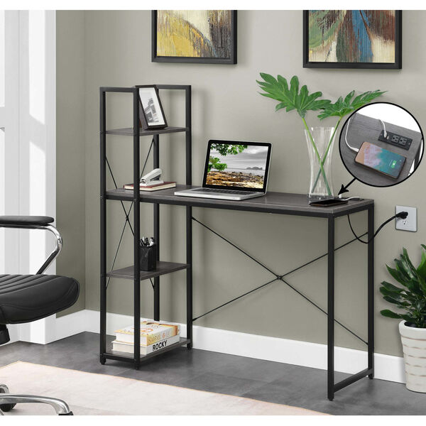 Designs2Go Charcoal Gray Black Office Workstation with Charging Station and Shelves, image 6