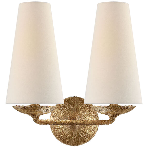 Fontaine Double Sconce in Gilded Plaster with Linen Shades by AERIN, image 1