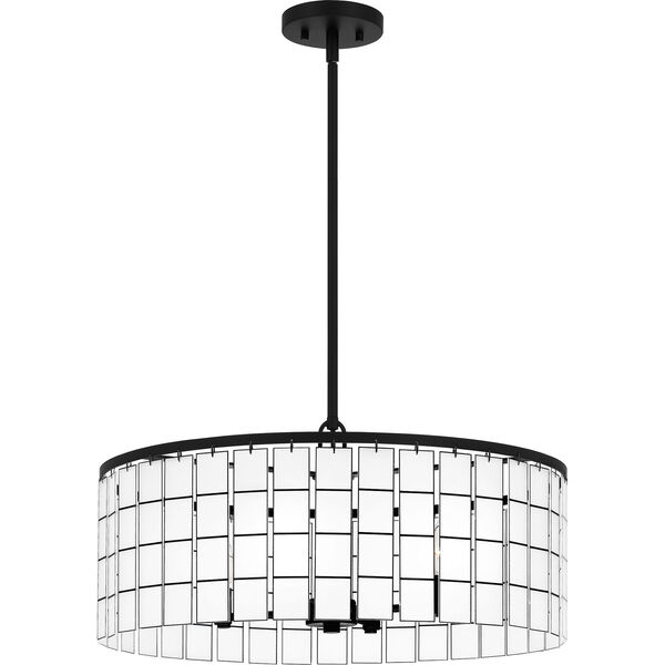 Seigler Matte Black Four-Light Pendant with Etched Glass Panels, image 1