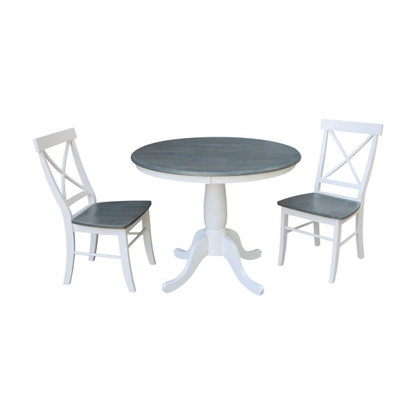 White and Heather Gray 36-Inch Round Top Pedestal Table With Two X-Back Chairs, Three-Piece, image 1
