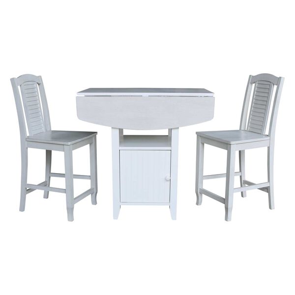 Dual Drop Leaf Antiqued White Chalk  Bistro Table  With Storage and Two Counter Height  Stools, image 2