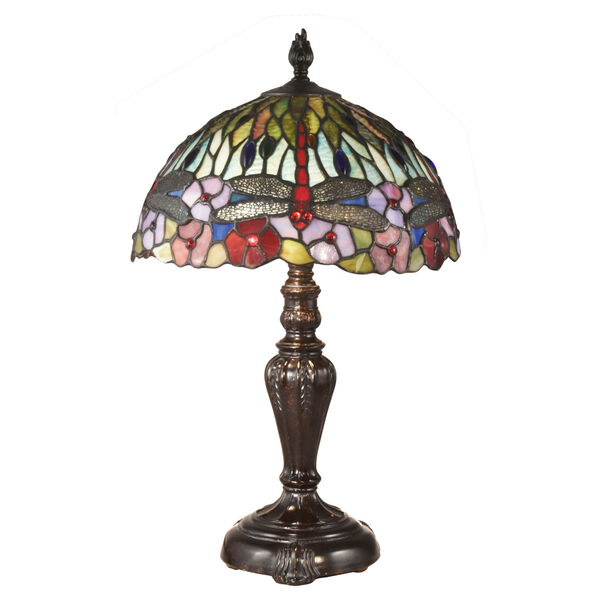 Springdale Antique Bronze Dragonfly Bounty Two-Light Tiffany Table Lamp, image 1