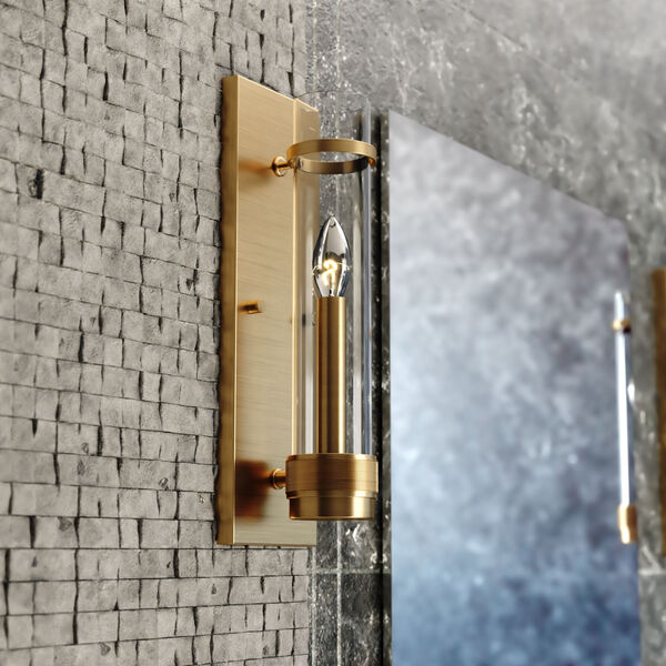 Bari Satin Brass Four-Inch One-Light Wall Sconce with Clear Cylinder Glass, image 2
