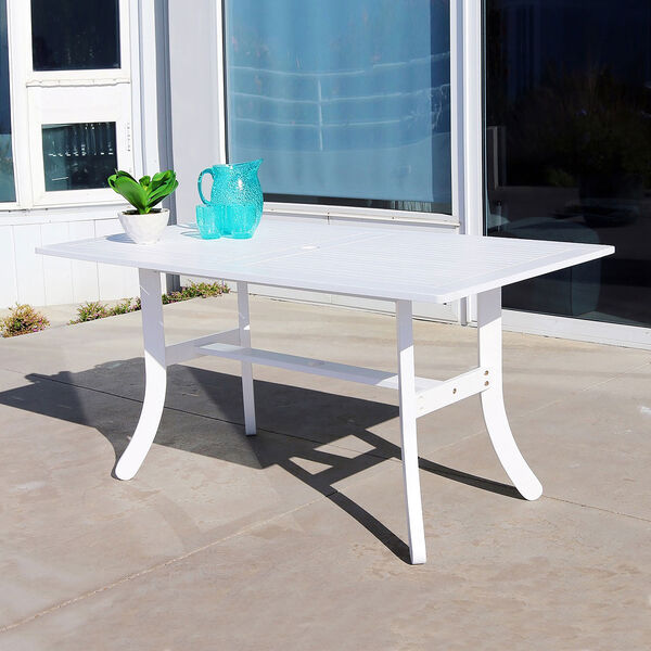 Bradley White 3-piece Wood Patio Curvy Legs Table Dining Set with Two 57-Inch Benches, image 2