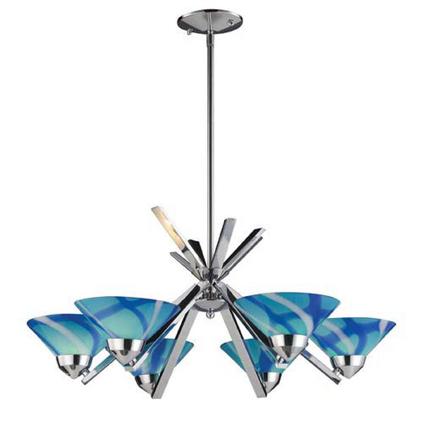 Refraction Polished Chrome Six-Light Chandelier with Carribean Glass, image 1