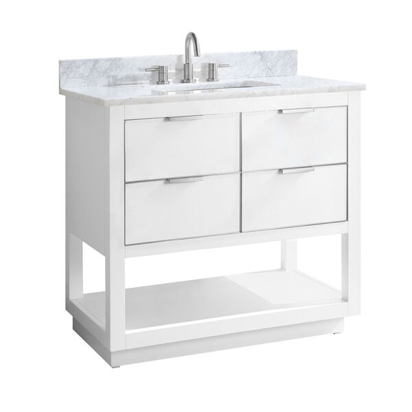 White 37-Inch Bath vanity with Silver Trim and Carrara White Marble Top, image 2