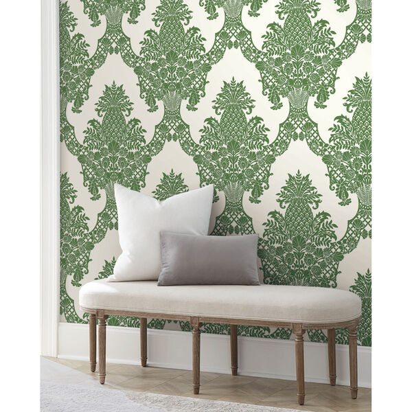 Damask Resource Library Green and White 27 In. x 27 Ft. Pineapple Plantation Wallpaper, image 1