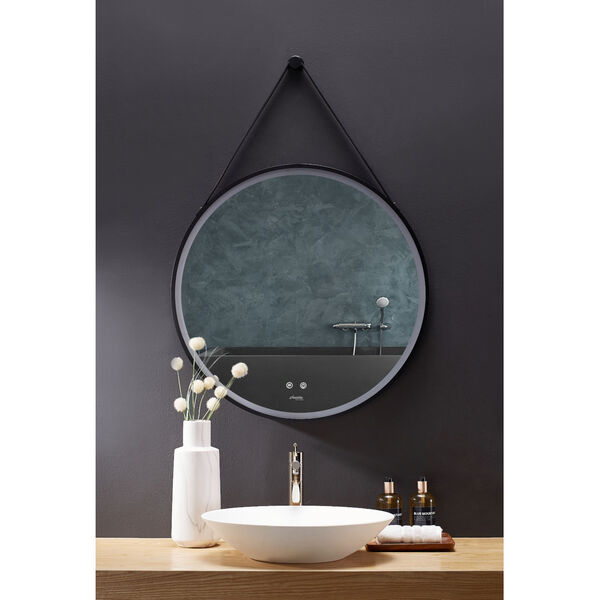 Sangle Black 24-Inch Round LED Framed Mirror with Defogger and Vegan Leather Strap, image 2