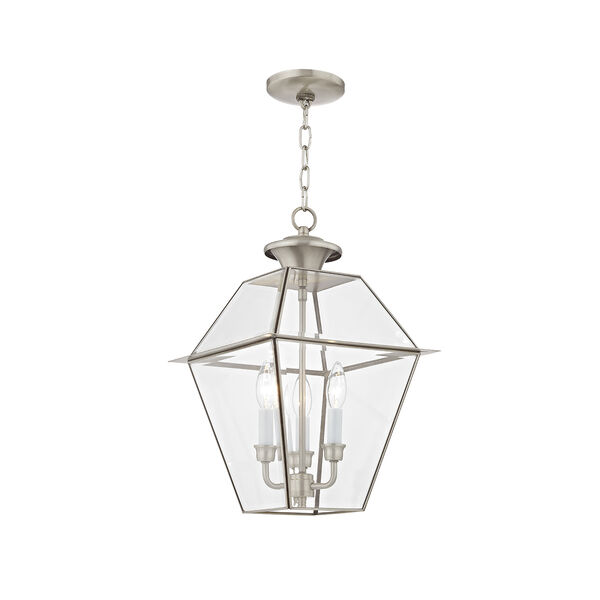 Westover Brushed Nickel 12-Inch Three-Light Outdoor Chain-Hang Lantern with Clear Beveled Glass, image 1