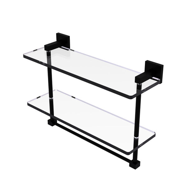 Montero Matte Black 16-Inch Two Tiered Glass Shelf with Integrated Towel Bar, image 1