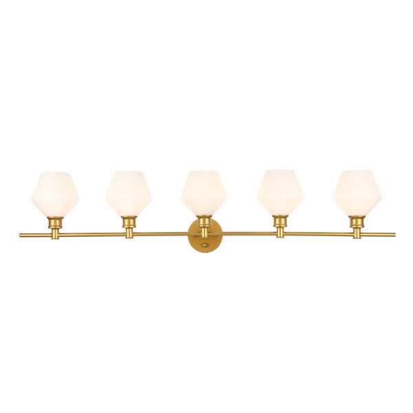 Gene Brass Five-Light Bath Vanity with Frosted White Glass, image 1