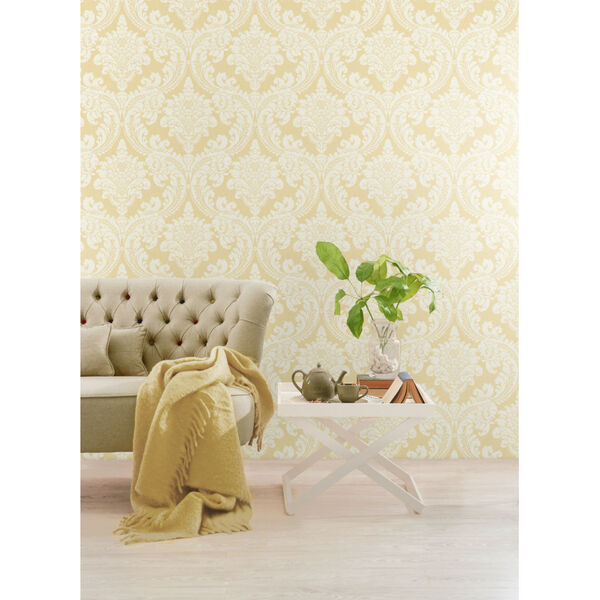 Grandmillennial Yellow Tapestry Damask Pre Pasted Wallpaper, image 1