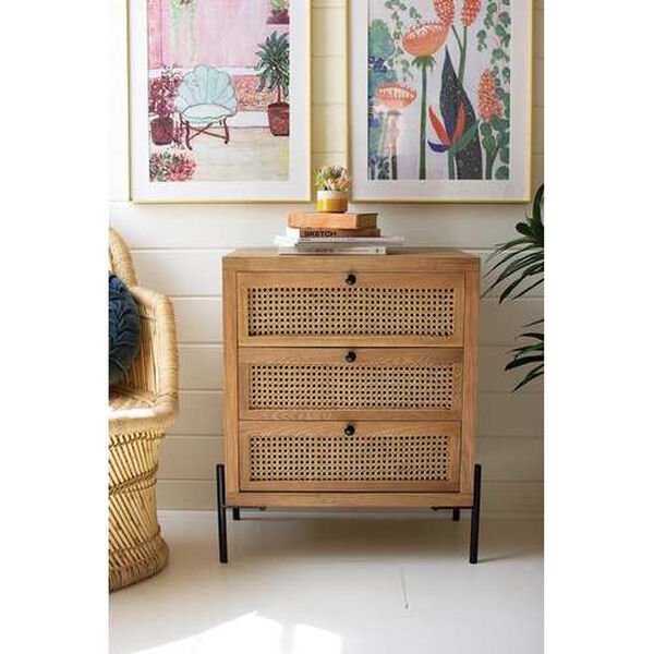 Rattan Wood  Bedside Table with Three Woven Cane Drawers, image 1