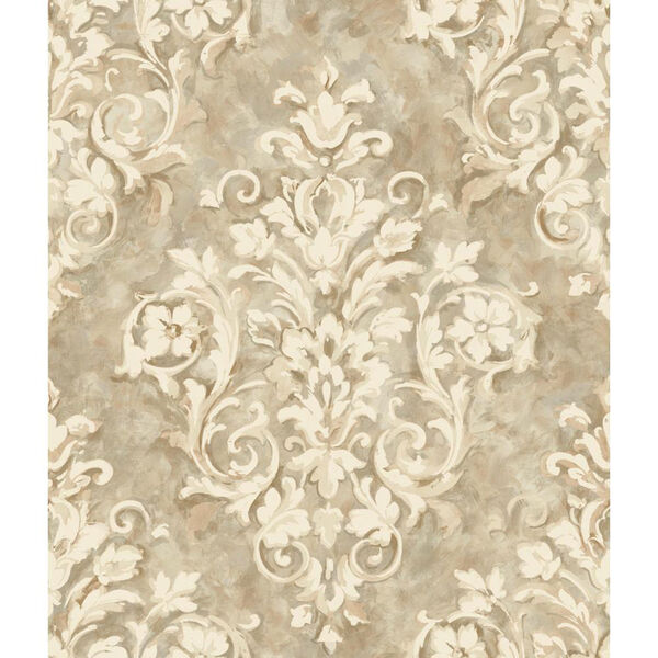 Handpainted III Silver and Beige Painterly Damask Wallpaper: Sample Swatch Only, image 1