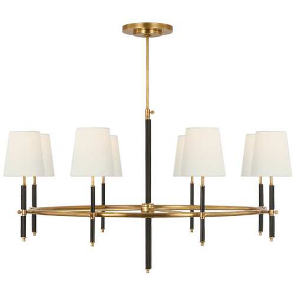 Bryant Antique Brass and Chocolate Eight-Light Wrapped Ring Chandelier with Linen Shades by Thomas O'Brien, image 1
