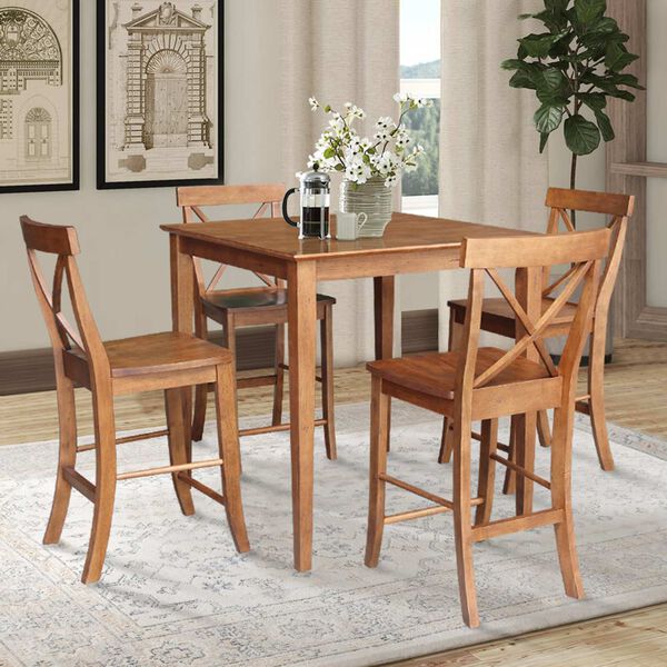 Distressed Oak Counter Height Dining Table with Four X-Back Stools, 5 Piece Set, image 3