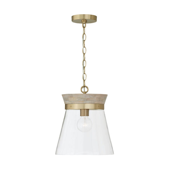 Finn White Wash and Matte Brass One-Light Pendant with Clear Glass, image 1