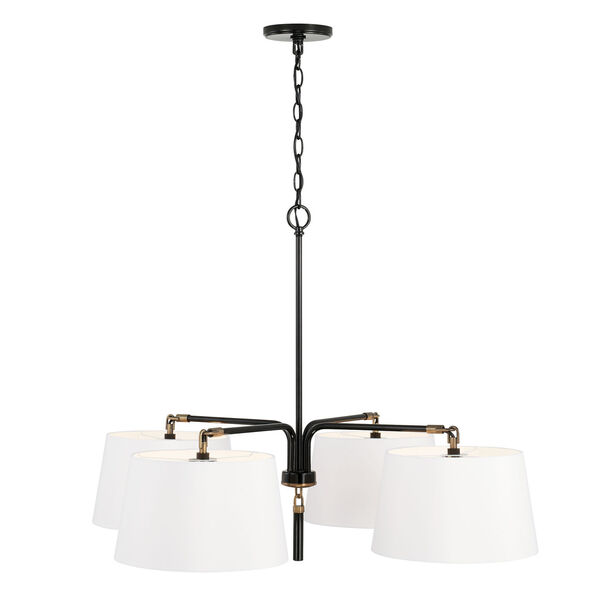 Beckham Glossy Black and Aged Brass Four-Light Chandelier with White Fabric Drum Shades, image 3