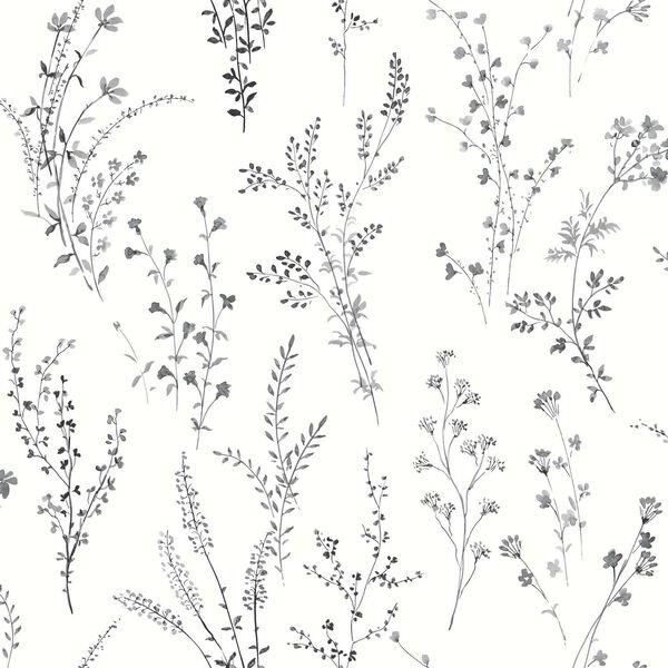 Wildflower Sprigs Black White Peel Stick Wallpaper, image 2
