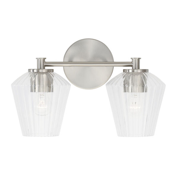 Beau Brushed Nickel Two-Light Bath Vanity with Clear Fluted Glass Shades, image 2