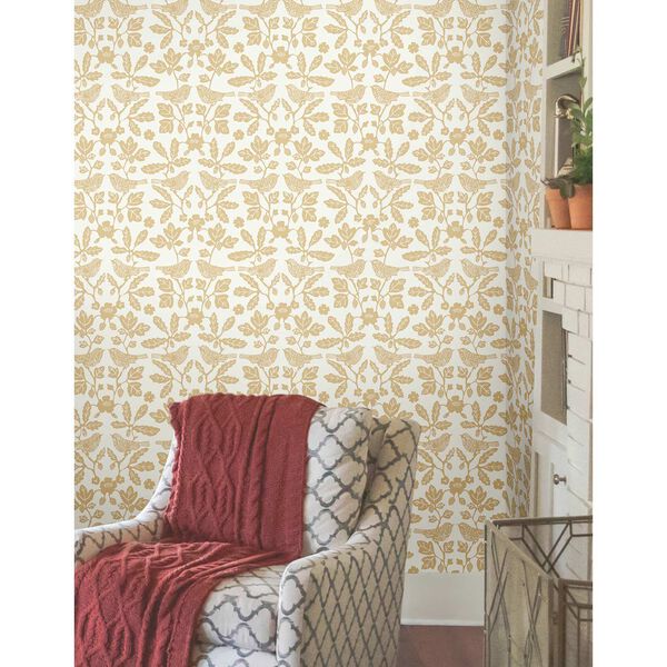 Sparrow and Oak Ochre Yellow Peel and Stick Wallpaper, image 1