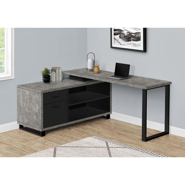 Grey and Black Computer Desk with Drawers and Shelves, image 2