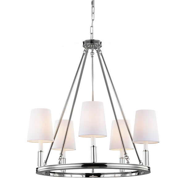 Lismore Polished Nickel Five-Light Chandelier with White Fabric Shade, image 1