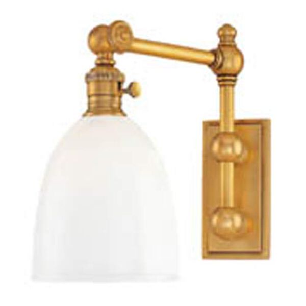 Roslyn Aged Brass Swing Arm Wall Sconce with Opal Glass Shade, image 1